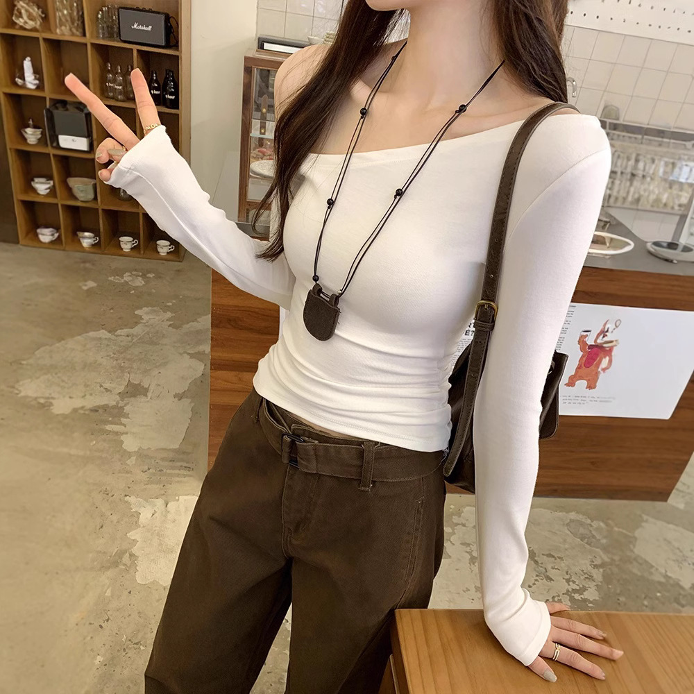 Unique off-the-shoulder design for women, long-sleeved base layer, Spring and Autumn 2025 new one-shoulder slimming T-shirt details Picture
