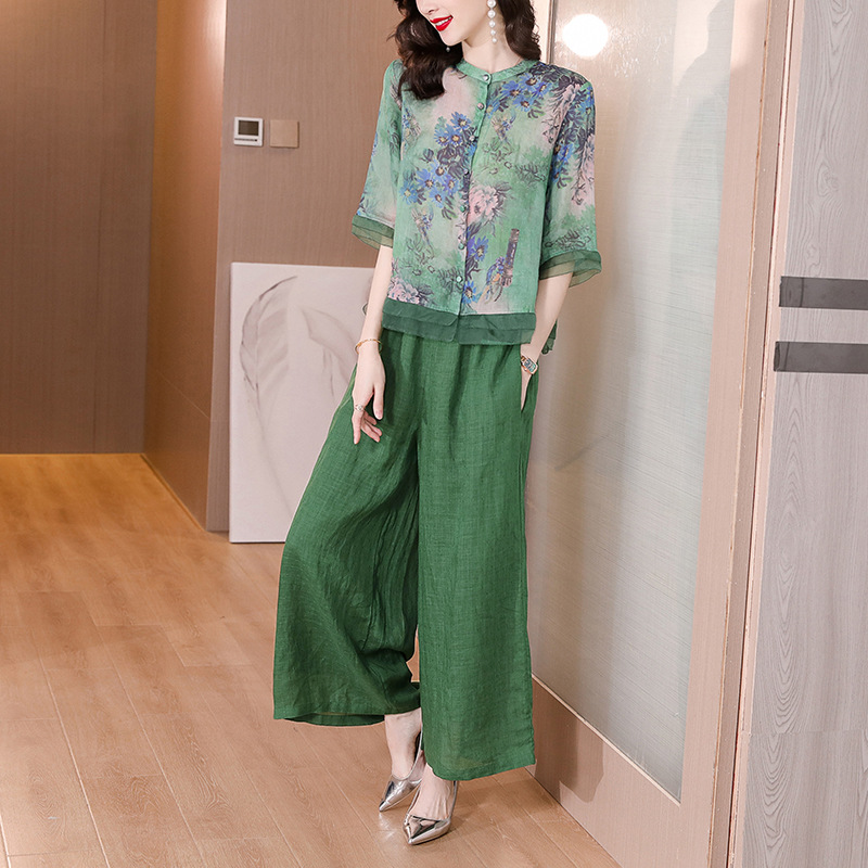 Wide-leg pants set for women, printed ramie shirt top, 2023 new style, retro large-sized cotton and linen pants two-piece set for summer Specification image