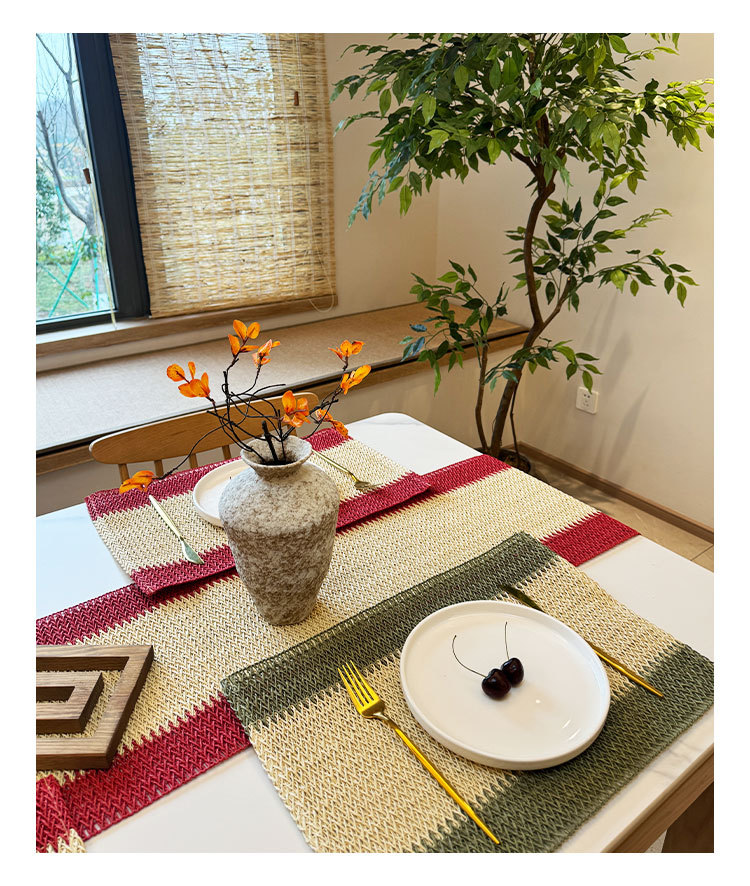 ins风纸绳编织餐垫 拼色节日圣诞装饰垫创意纸编黄麻混编隔热桌垫详情9