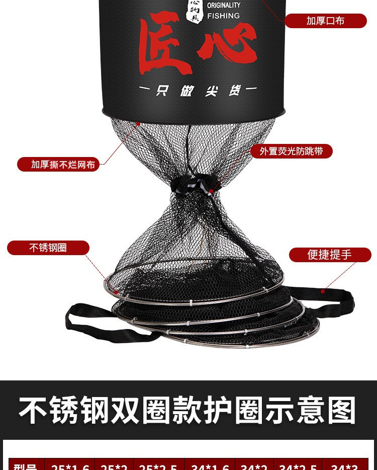 Thickened fish protection, reinforced alloy card edge style, stainless steel double-ring black pit fish protection net bag, fish net pocket, fishing net pic 5