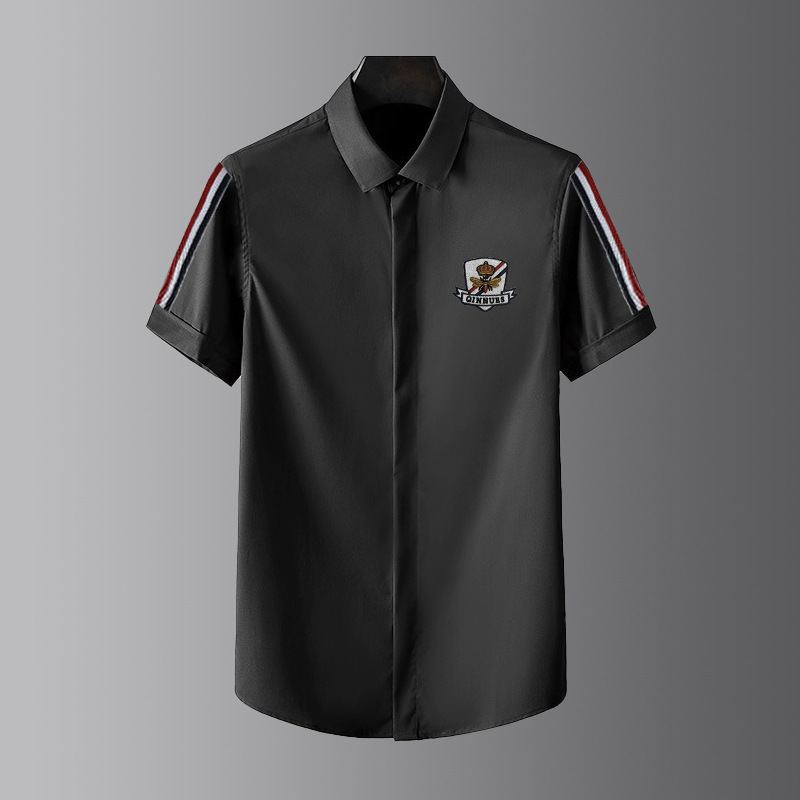 Summer new men's slim-fit Tencel cotton no-iron fashionable business shirt, short-sleeved men's shirt with webbing badge details Picture