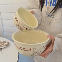 Cute bear noodle bowl Household ceramic high appearance level bowl spoon set tableware rice bowl yogurt bowl thickened soup bowl