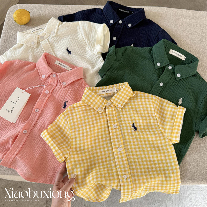 儿童短袖衬衫2025夏男女童日系潮牌小马格子衬衣宝宝小童洋气上衣