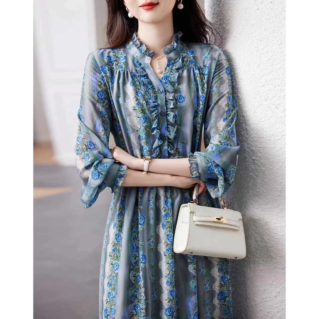 Flower Crepe Crepe Printed Skirt 2023 Spring And Summer New Stand Collar Waist Wooden Ear Edge Dress Women's Mid-Length Skirt Application Scenario