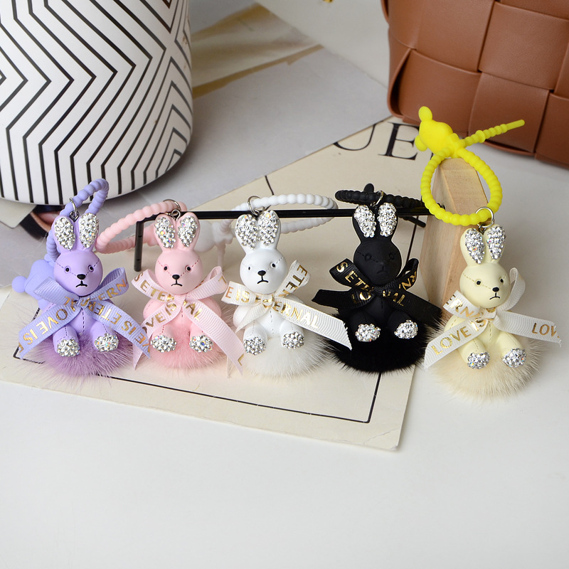 New Diamond Rabbit Keychain Creative Mink Hair Bag Pendant Resin Cartoon Doll Small Gift Specification drawing