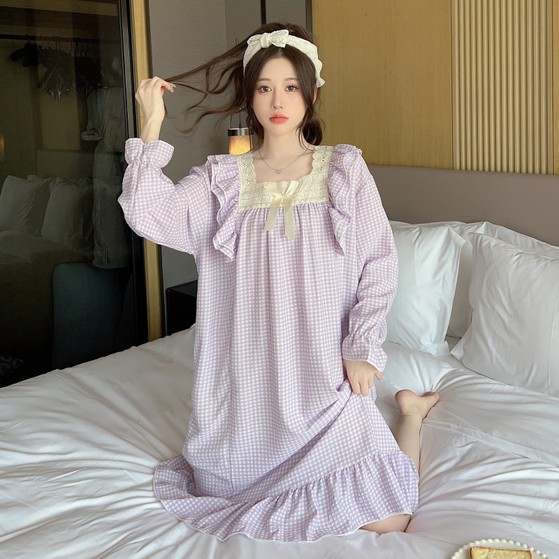 Korean Version Ims Plaid Nightdress Female Spring And Autumn Long Sleeve Princess Wind Pajamas Comfortable Loose Long Skirt Clear New Wind Nightdress Application Scenario