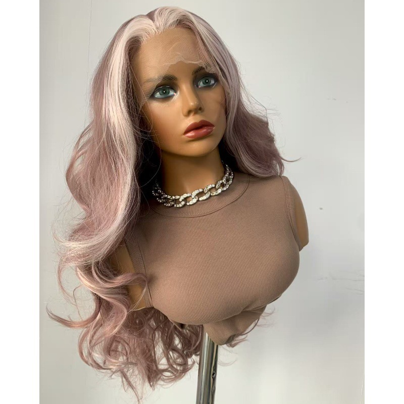 This is a popular full-length wig in Europe and America. It features a pink, fluffy, big wavy simulation, long curly hair, and is made of synthetic fiber, with a lace forehead and medium-length hair Application Scenario