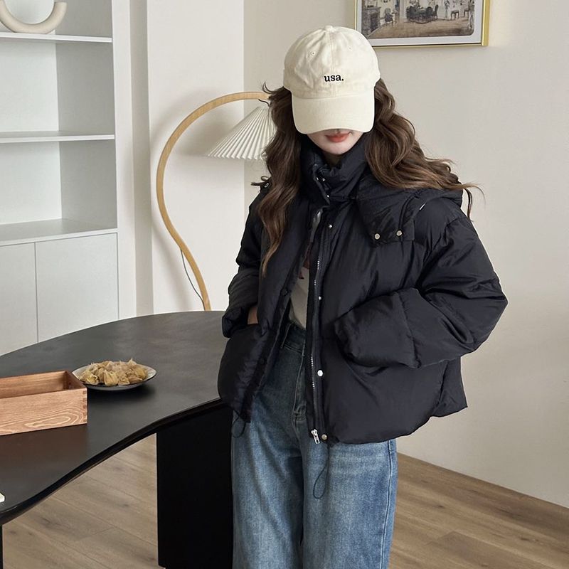 2025冬季羽绒服女短款韩系百搭纯色连帽小个宽松保暖面包服多巴胺