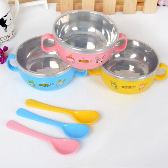 Children's stainless steel bowl with handle and lid, cartoon bowl for babies to eat, multi-color 8817