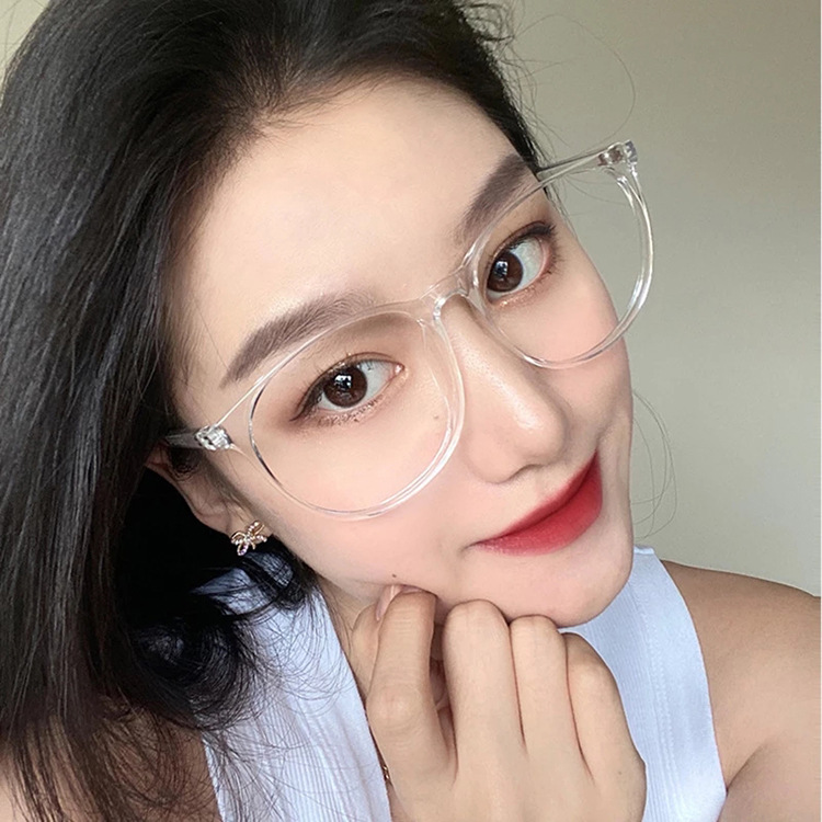 New Korean-style trendy large-frame glasses, retro and simple plain glasses frame, personalized round frame anti-blue light flat glasses details Picture