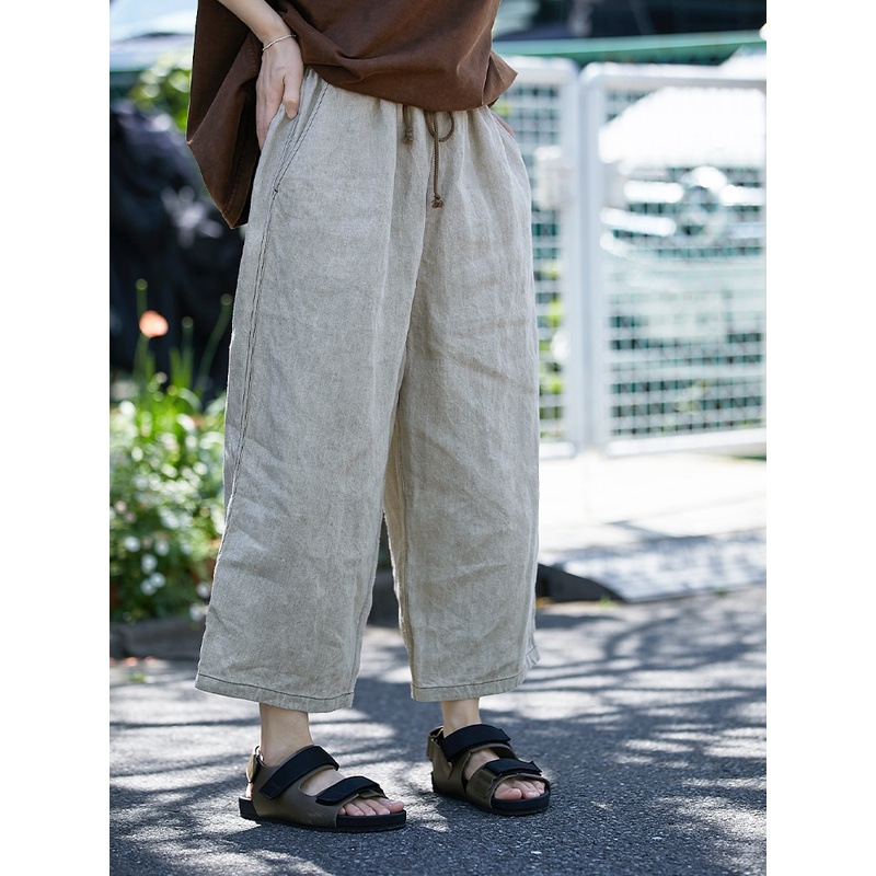 For the summer of 2025, new women's trousers: Rain and dew linen denim, elastic waist, loose and breathable, lace-up linen wide-leg radish pants Specification image