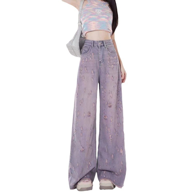 Pink and purple high-waisted wide-leg jeans for women, a new summer 2024 style of floor-length pants with ripped edges and a drape Item Picture