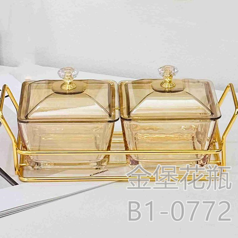 Light luxury fruit tray Home living room double cell end table glass fruit box nut candy tray storage box snack tray Gold Castle vase snack candy seasoning transparent box Gold Castle vase full figure
