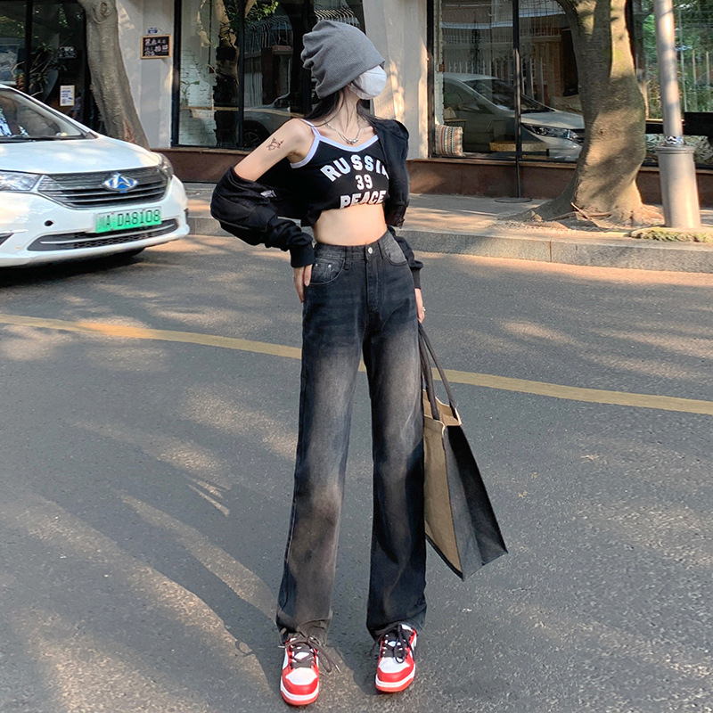 High-waisted jeans for women's autumn new style: High-waisted, slimming straight, high street style, and laid-back pants for hot girls