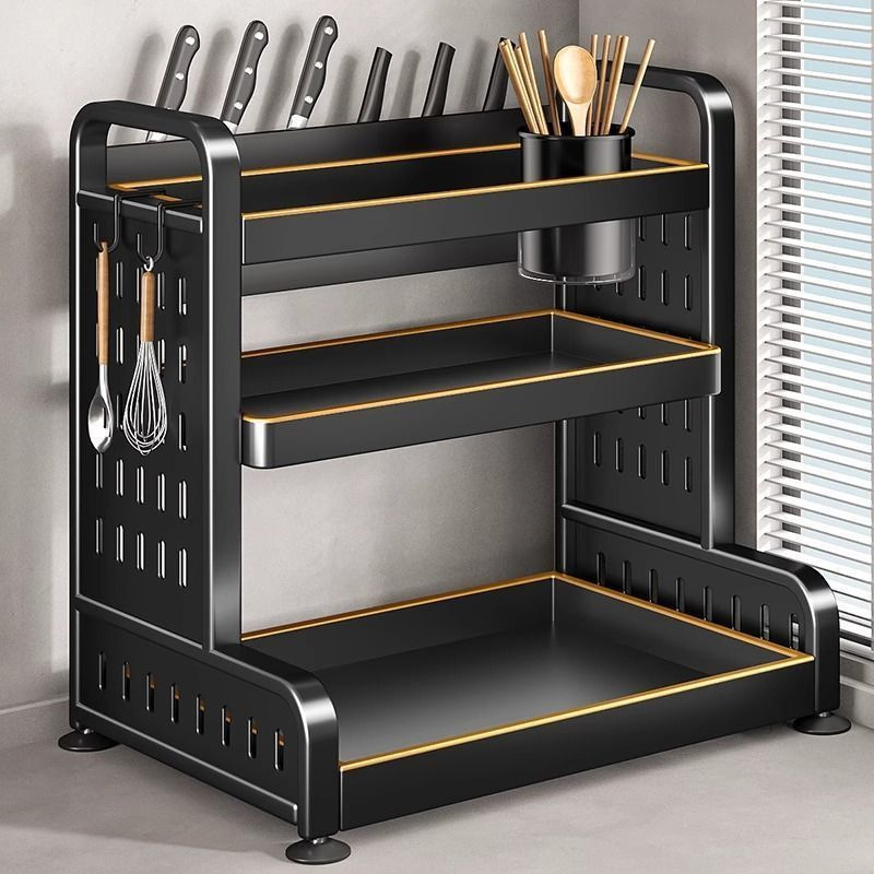 Wholesale of multi-layer stainless steel kitchen seasoning shelves, knife racks, countertops, multi-functional seasoning kitchenware and supplies storage racks Application Scenario