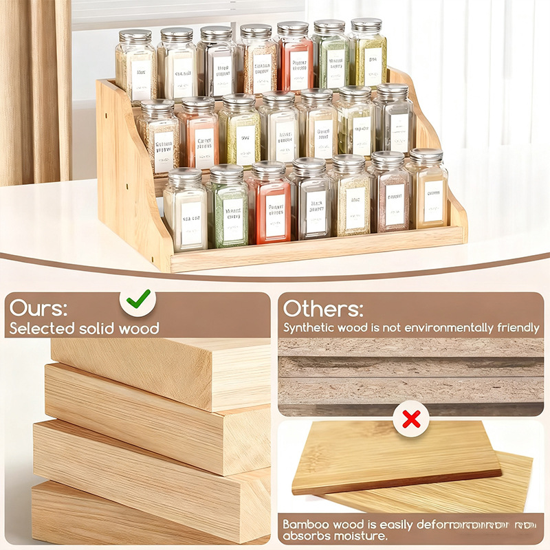 Solid wood seasoning rack, multi-layer stepped wooden simple household kitchen organization rack, figurine cake display rack Application Scenario