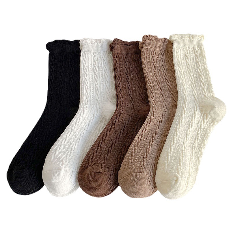 Lace socks, women's mid-calf socks, spring and autumn style, ins, trendy and cute Japanese solid color long socks, mid-calf cotton socks, JK white Item Picture