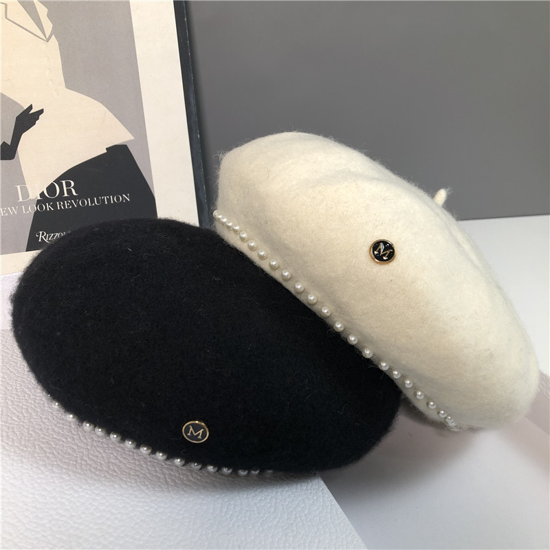 小香风钉珠贝雷帽女秋冬韩版日系羊毛呢珍珠蓓蕾帽英伦画家帽子潮