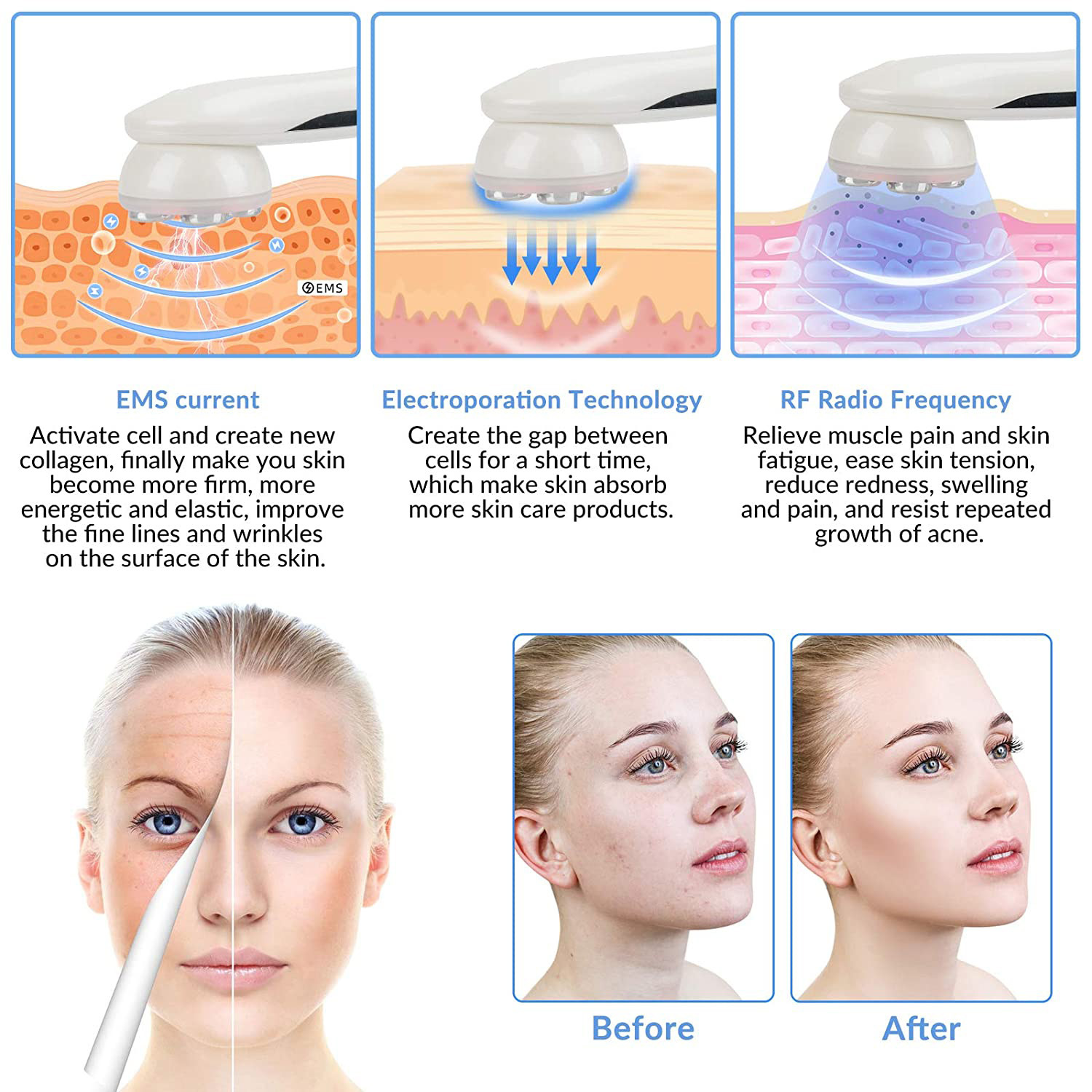 Led Color Skin Tender Instrument Ems Micro-Current Lift Rf Rf Line Electroperforation Needle-Free Beauty Plastic Beauty Instrument Specification drawing