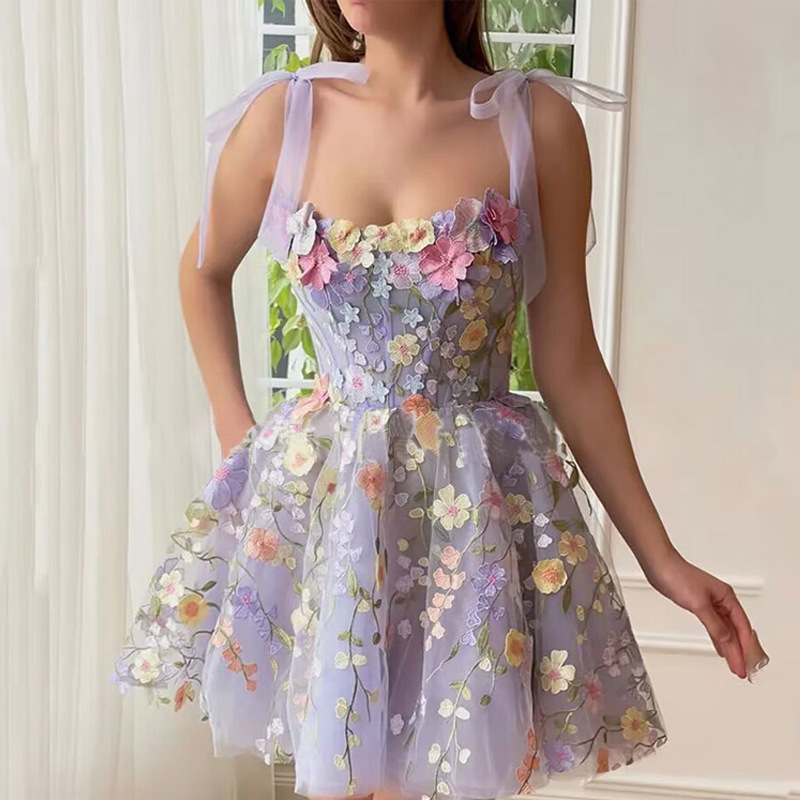 2025 Direct sales to Europe and America, cross-border Amazon women's clothing, fashionable three-dimensional flower embroidery, hip-hugging, sexy halter dress Specification image