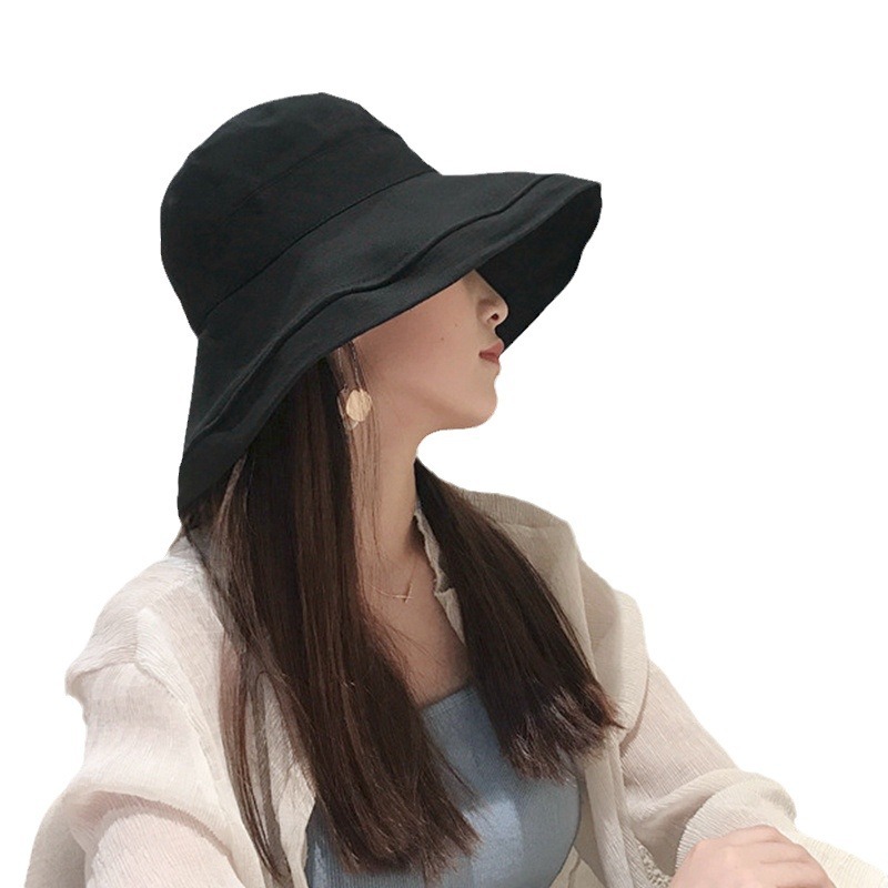 Black fisherman's hat for women, summer sunshade hat, spring and autumn Korean style, trendy and versatile, wide-brimmed sun hat for sun protection and face covering, large brim Item Picture