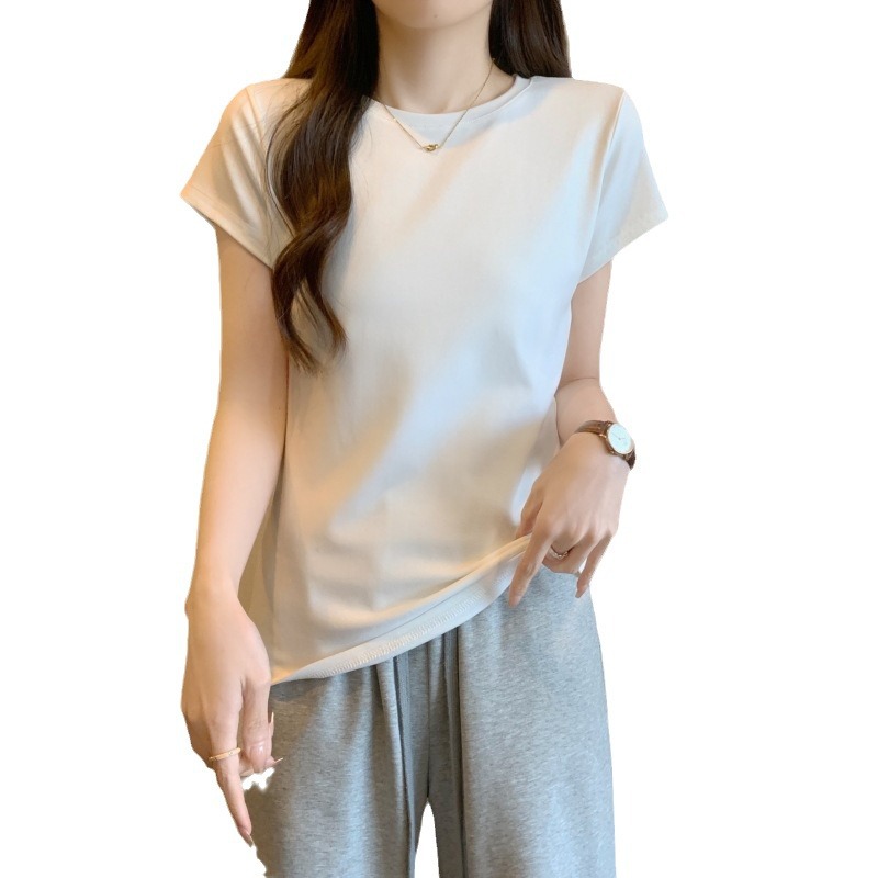 Douyin's real photo of a simple 40-piece pure cotton summer base layer T-shirt, women's shoulder short-sleeved European-style T-shirt top Item Picture