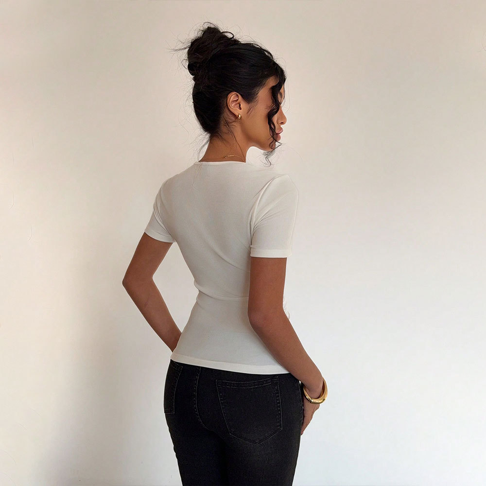 Cool and mature woman style T-shirt 2025 Summer TK Amazon Export women's clothing slimming and waist-cinching solid color short-sleeved top details Picture