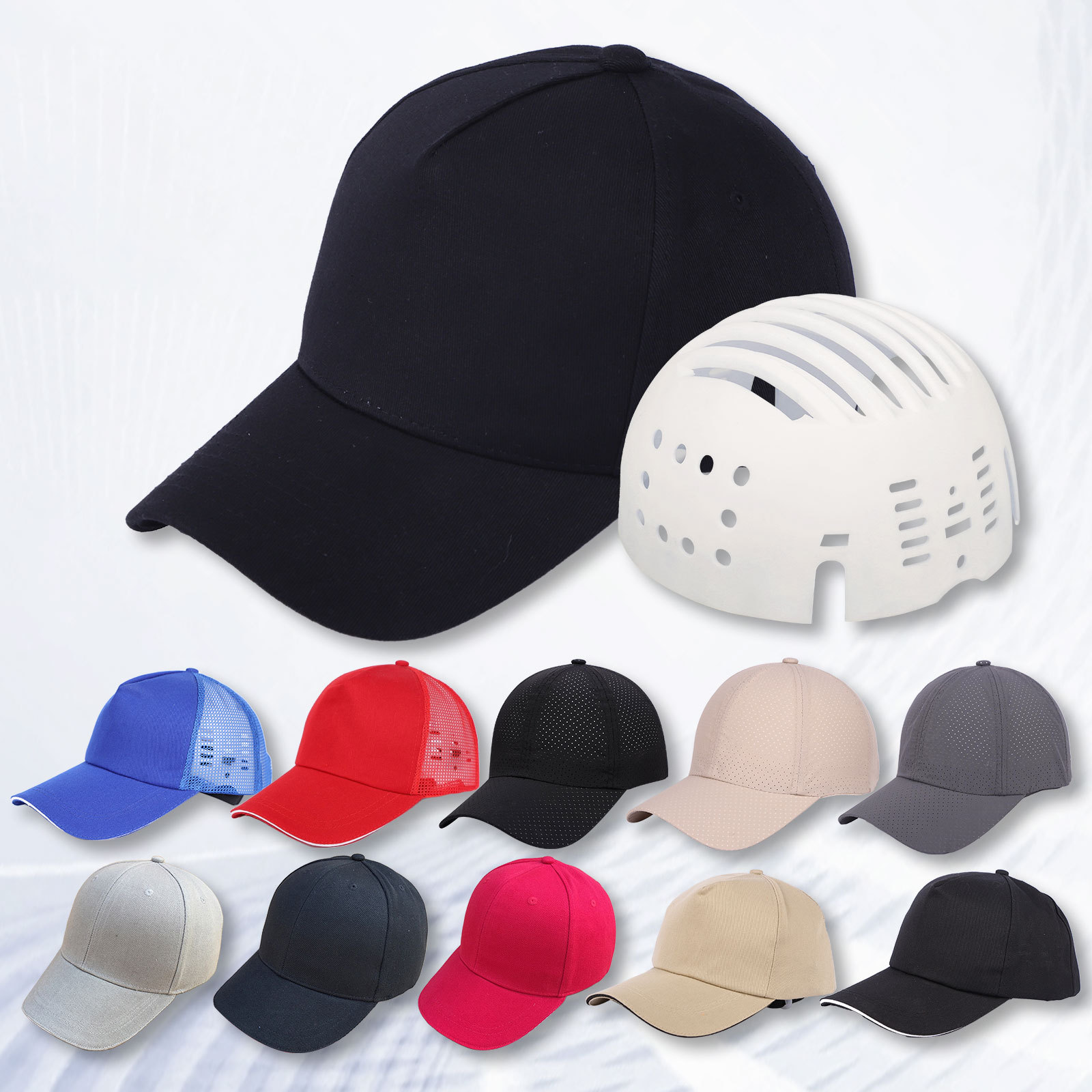 鸭舌轻型安全帽夏季透气车间防撞帽PE内壳棒球工作帽工厂防护布帽