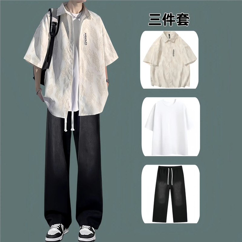 A complete set of stylish and high-end men's wear with a cool and chic short-sleeved shirt in summer, paired with a casual suit details Picture