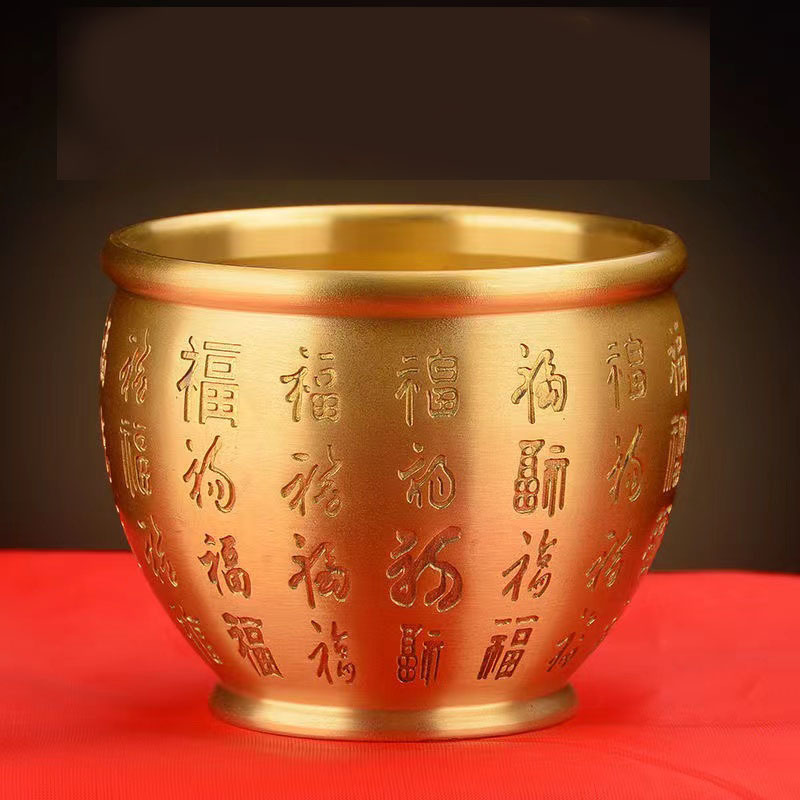 中式家居办公室摆件纯黄铜招财缸米缸百福铜缸金属工艺品商务礼品图
