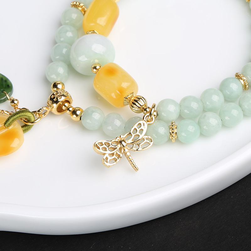 Natural double-layer jade bracelet, beeswax jade mixed and matched multi-circle bracelet, hanging jade leaf dragonfly women's style, sent on behalf Application Scenario