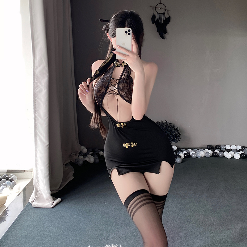 Sexy underwear uniform seductive short skirt women tight cheongsam pure desire to wrap hip sexy nightclub spice girl perspective wind details Picture