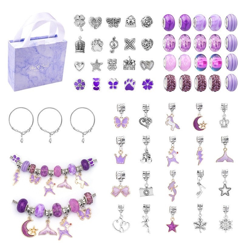亚马逊热卖紫色儿童手链套装 手工DIY大孔串珠精美水晶珠手串礼盒详情图1