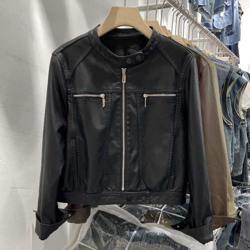 The new autumn 2024 collection for women in leather jackets features a small stand-up collar, which is trendy, cool and stylish. This short washable motorcycle leather jacket is a must-have Item Picture
