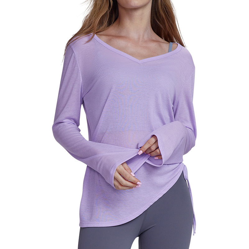 Ningbo Big Tree Yoga smock, long-sleeved, hip-covering women's pleated drawstring T-shirt, loose and casual autumn fitness yoga wear Item Picture