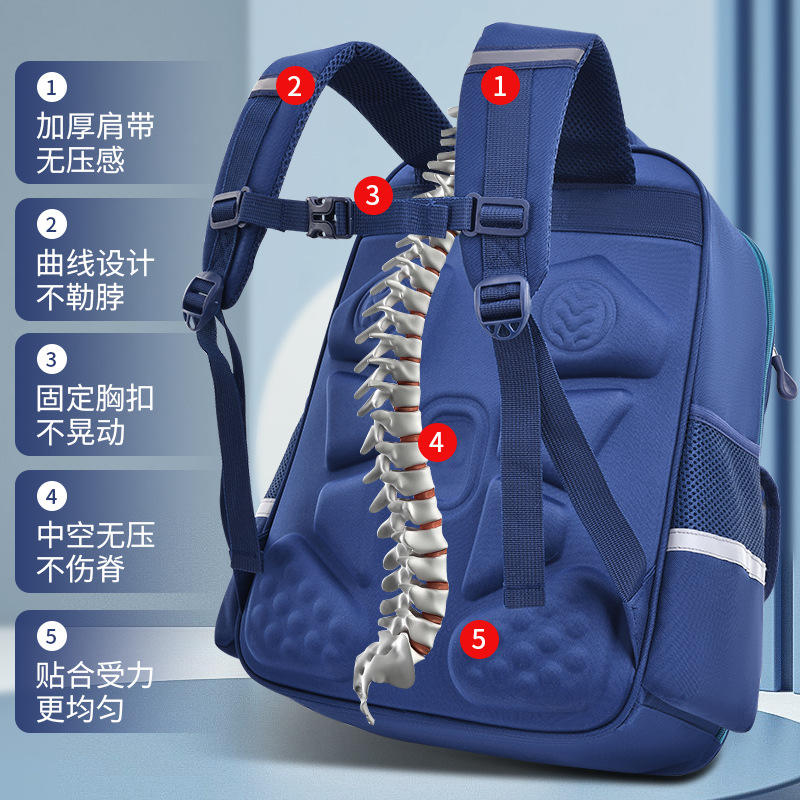Cross-border children's schoolbags for boys and girls in primary school, printed with logo, large capacity, ultra-light back support for grades one to six Specification image