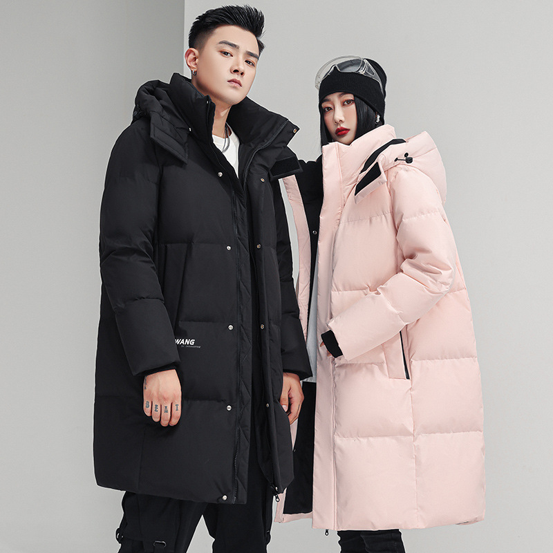 2022 new winter couple's wear: Mid-length down jacket, casual solid color thickened white duck down warm hooded jacket Specification image