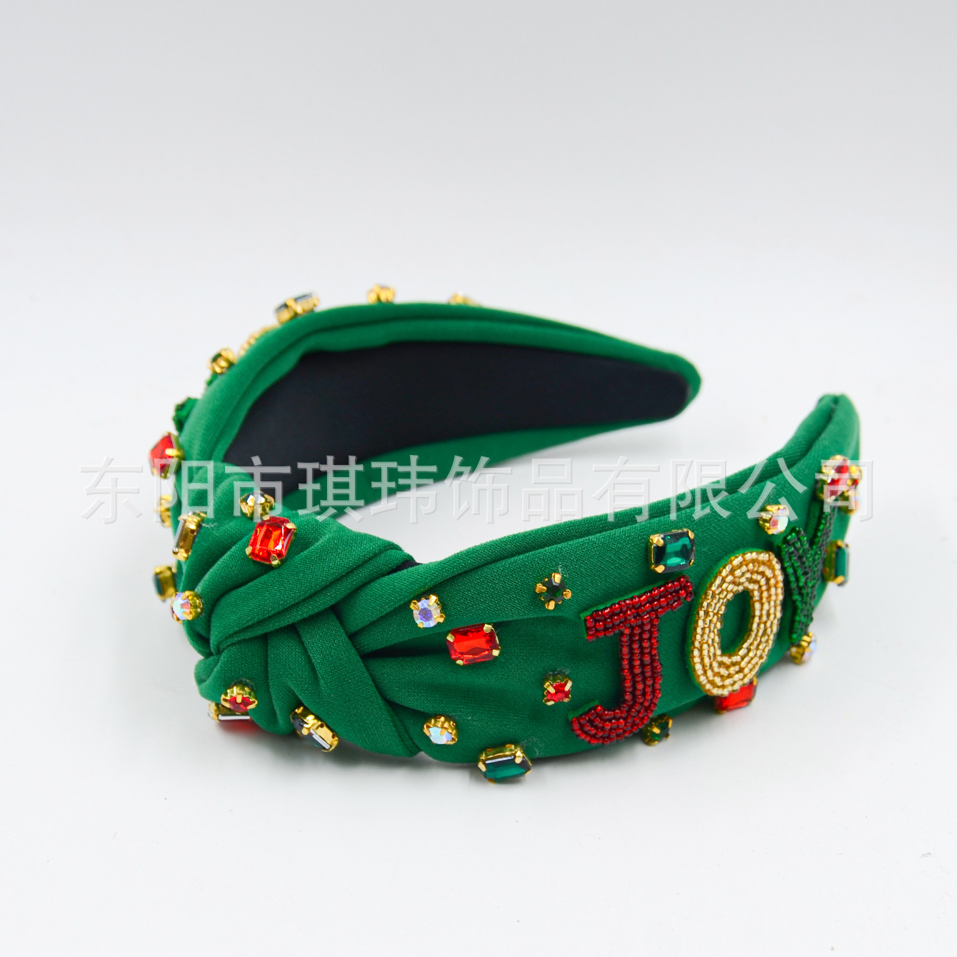 Qiwei Accessories' exclusive European and American Christmas fabric, studded with red and green diamonds, hand-stitched with JOY letters and tied with knots, fashionable holiday high head hairbands for women Specification image