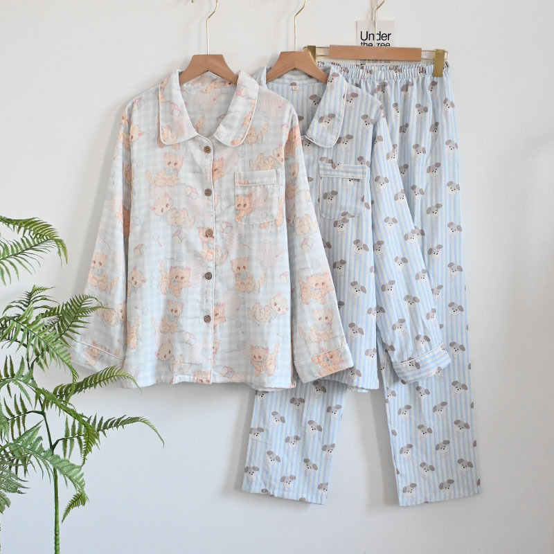 100%A类纯棉双层棉纱条纹小狗四季长袖翻领开衫女家居睡衣套