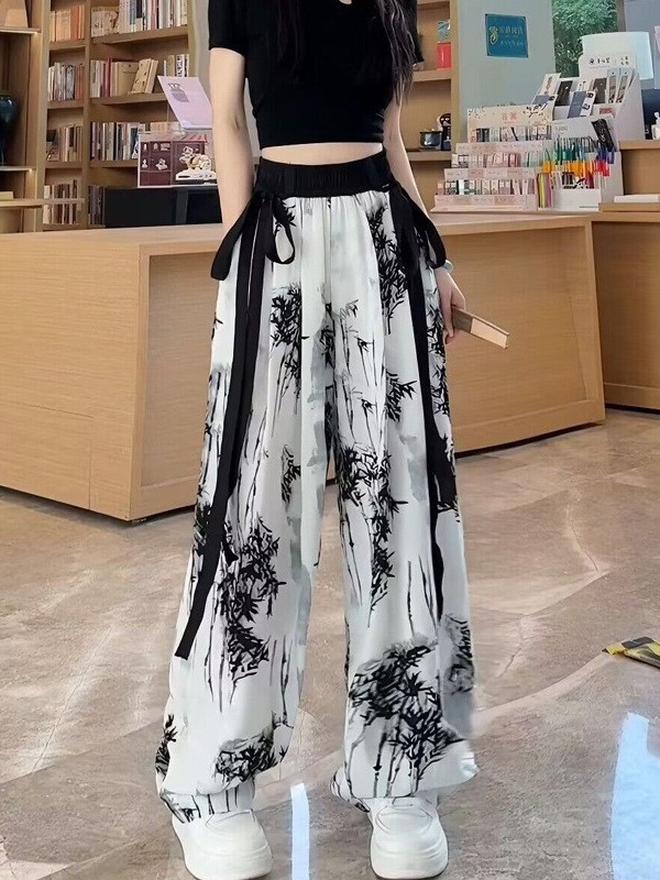 Printed National Style Pants Summer Ice Silk Chiffon Wide Leg Pants Women's Thin Casual Streamer Pants Straight Leg Long Pants For Women