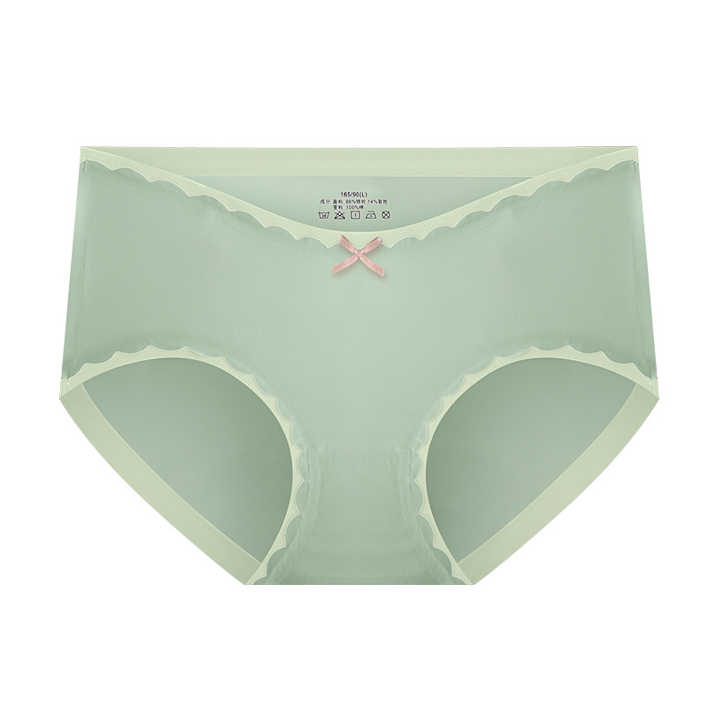 Japanese-style girl's ice silk seamless underwear, women's color-blocking bow breathable mid-waist graphene pure cotton crotch triangle pants Item Picture