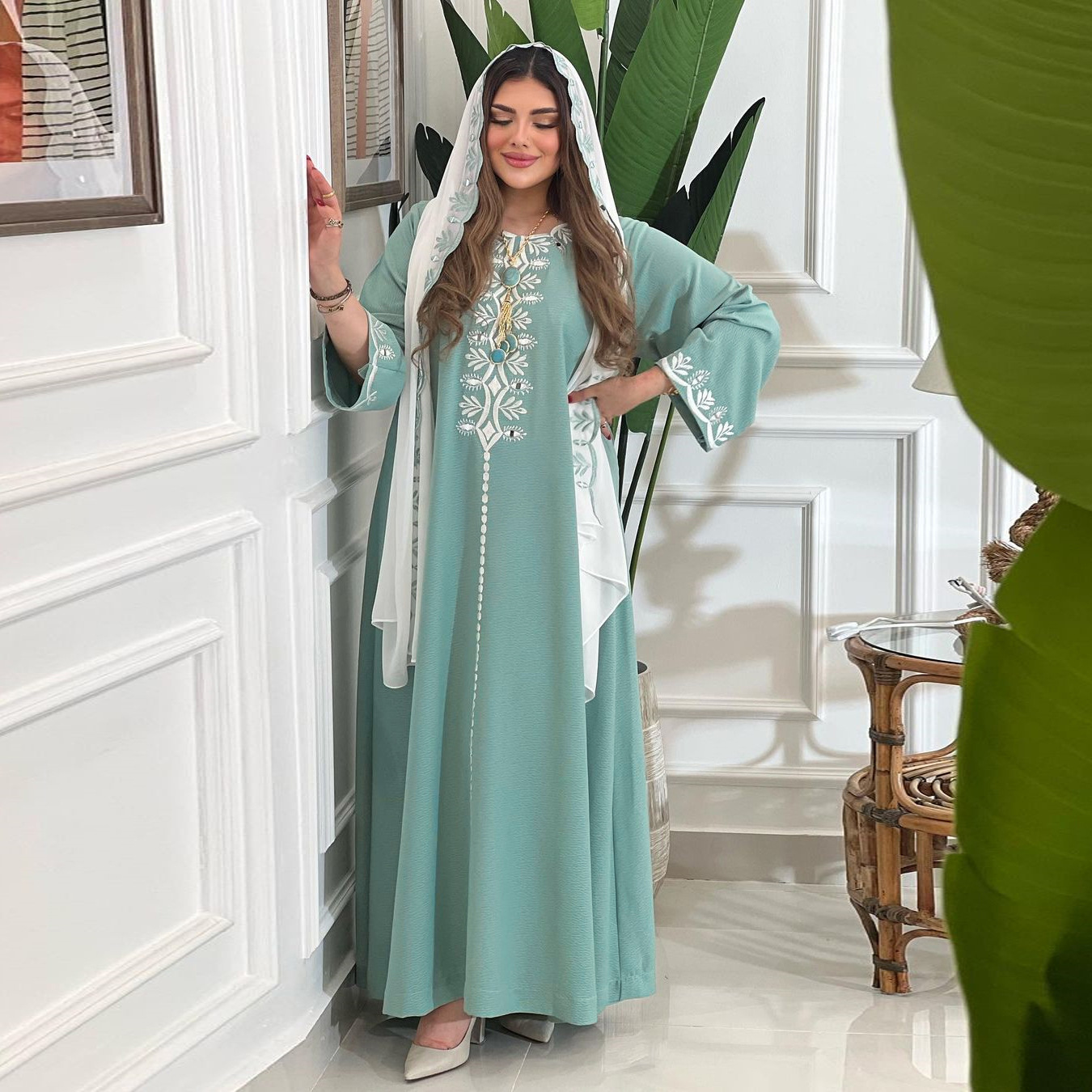 AB250 穆斯林女装 中东阿拉伯时尚精美花卉刺绣绣花长袍jalabiya