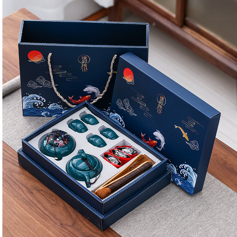 National trend business gift tea set, one pot, 4 cups, celadon Xi Shi pot, incense and sandalwood combination set, printed logo, annual meeting