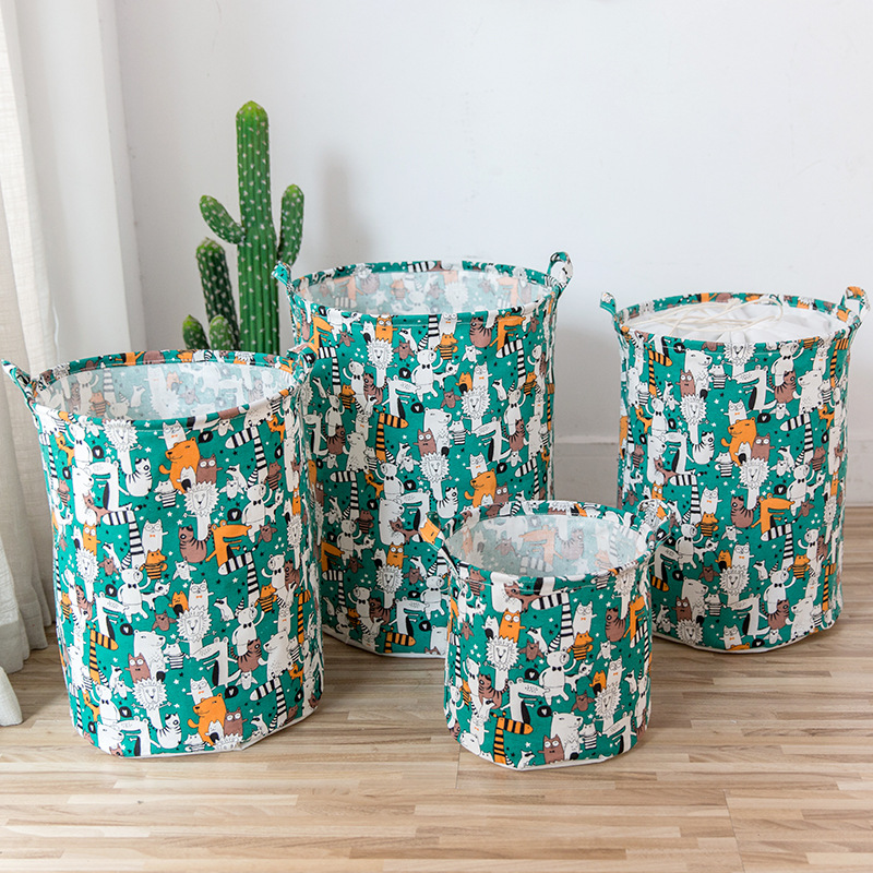 Cotton Linen Cartoon Fabric Dirty Clothes Basket Collapsible Waterproof Dirty Clothes Basket Round Fabric Storage Bucket Wholesale Canvas Large Application Scenario