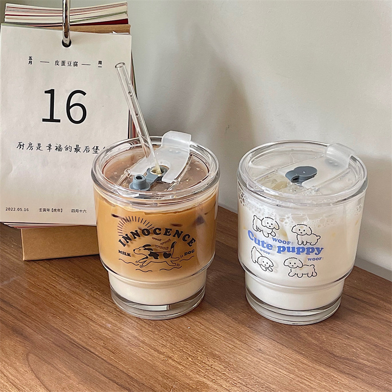 Korean Design Cartoon Dog Glass Bamboo Cup Straw Water Cup Coffee Cup Breakfast Cup With Cover Couple Cup Specification drawing
