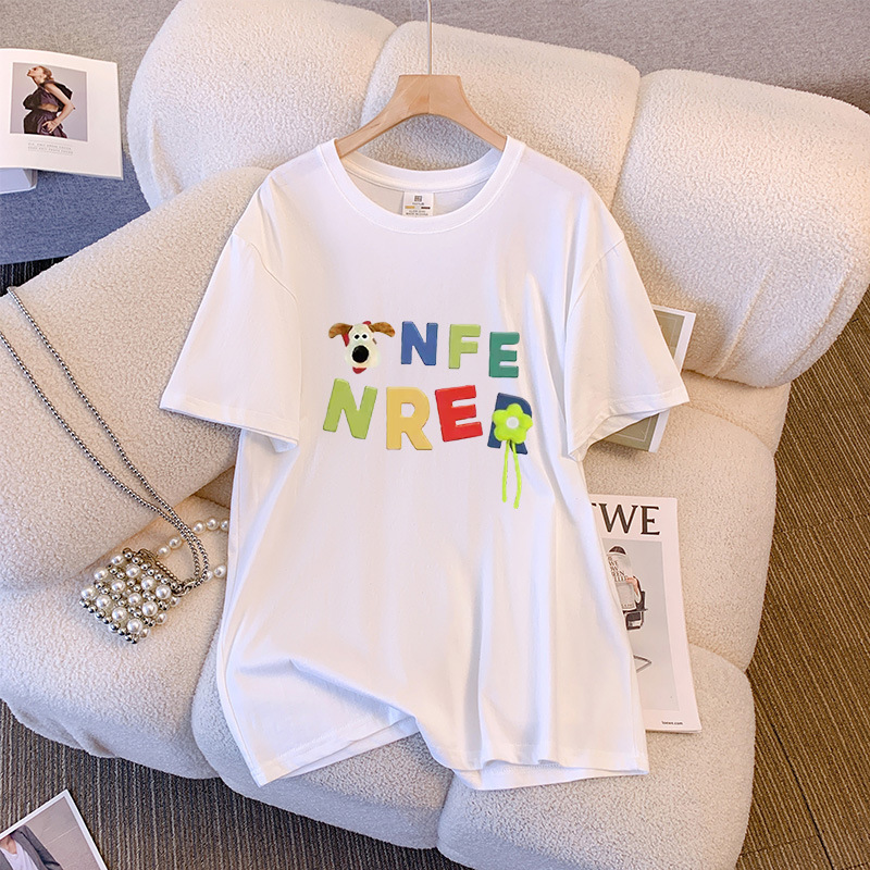 Summer short-sleeved T-shirt for women, mid-length pure cotton loose women's wear, new Korean style 2025 trendy brand printed round-neck top