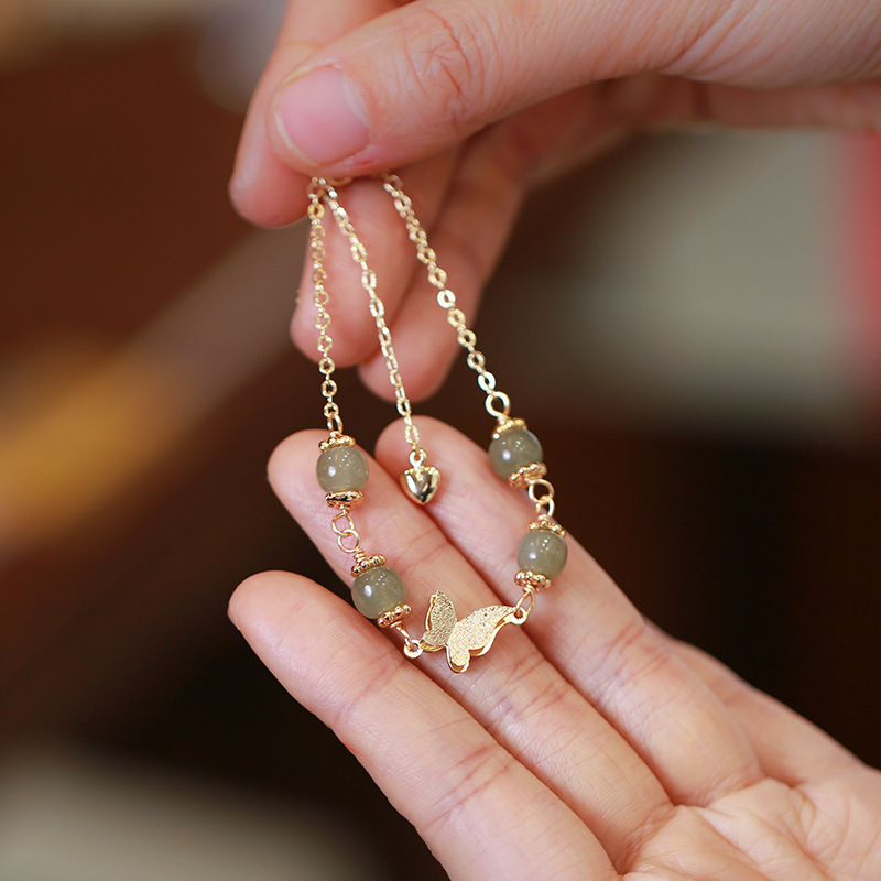 Natural Hetian jade chain bracelet, Hetian jade butterfly retro jewelry, Chinese-style internet-famous jade bracelet Item Picture