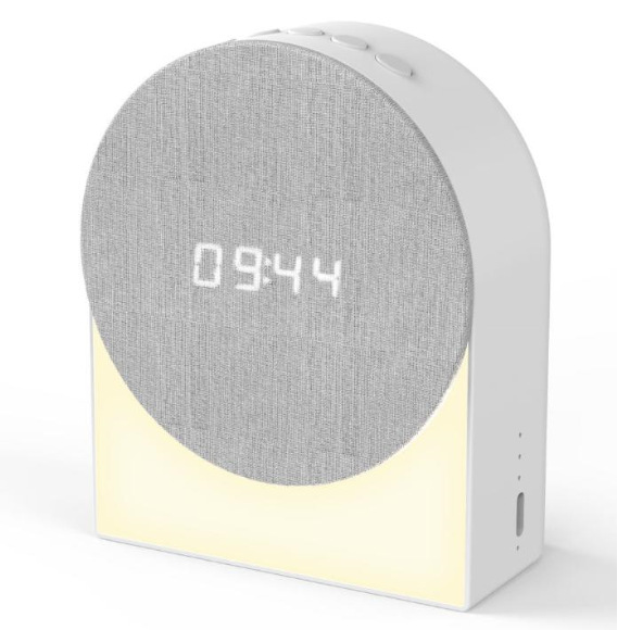 The new multi-functional sleep device features a white noise Bluetooth speaker, a fabric night light with a timer clock, and a white noise alarm Item Picture