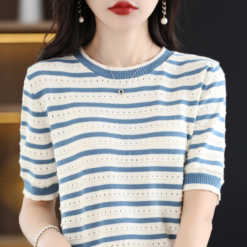 夏女装上衣全纯色针织棉短袖女T恤女圆领背心条纹宽松外贸批代发