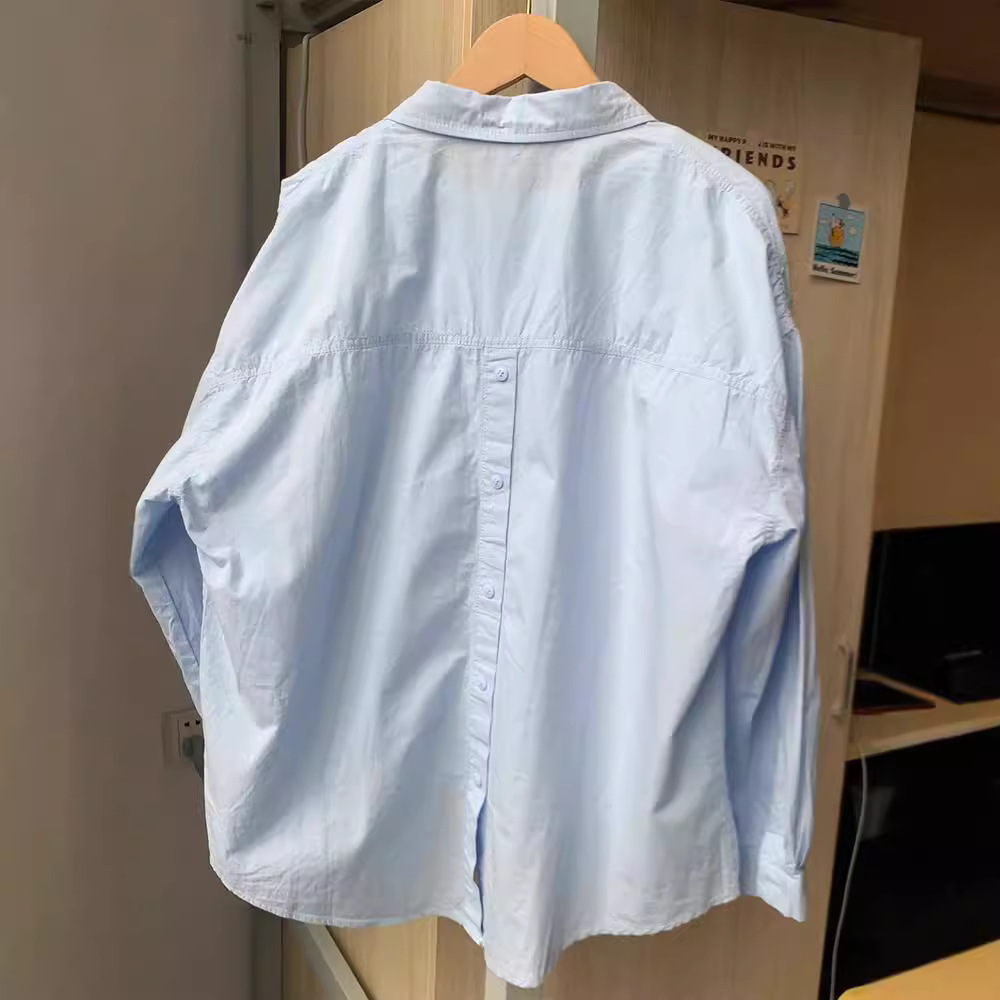 纯棉蓝色长袖衬衫外套女春秋夏新款薄款法式开衫衬衣女款早秋上衣